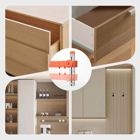 Drawer Slide Jig Kit With Magnetic Arm Punch Locator for effortless cabinet hardware alignment. Images of aligned drawers and cabinets.