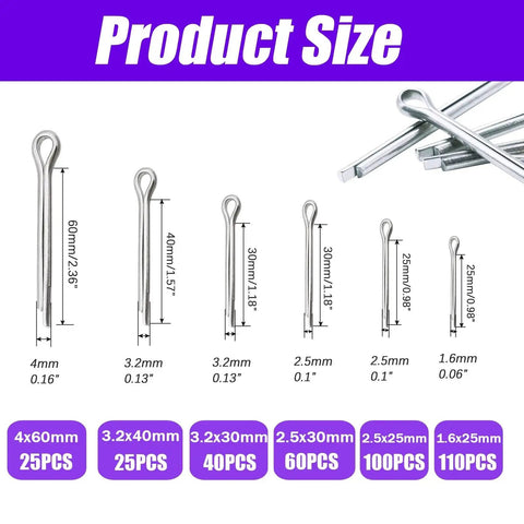 360 Piece Cotter Pin Assortment Kit With 6 Sizes In 304 Stainless Steel Split Pins size chart for cars, lawn mowers, trucks, tractors.