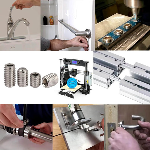 Collage showing usage of 280 Piece Set Screw Kit With 28 Sizes Metric And SAE Allen Grub Screws In 304 Stainless Steel Internal Hex Drive Cup Point