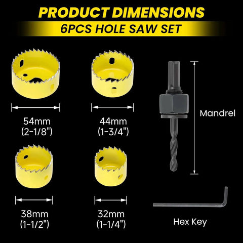 Six Piece Premium Hole Saw Kit With Mandrels And Hex Key 1-1/4 To 2-1/8 Inch 32-54mm with four yellow saw blades