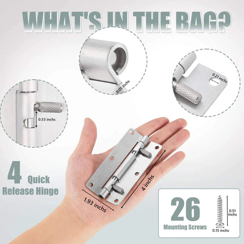4 Inch Quick Release Hinges Set With Detachable Spring Mechanism Pro Grade Stainless Steel 304 includes 4 hinges and 26 screws.