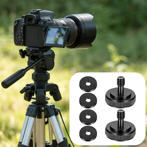 Two Pack Thumb Screw Camera Quick Release Adapter 1/4-20 Female To Male Thumbscrew with Rubber Pads and Anti Slip Washers next to mounted camera
