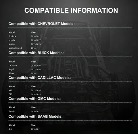 Compatibility chart for Front And Rear Wheel Hub Bearing Assembly Replacement For GM Cars Like Malibu Impala Equinox Terrain Lacrosse XTS CTS Regal Buick Cadillac with ABS 5 Lug