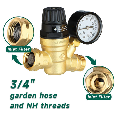 Brass RV water pressure regulator with 0-160 psi gauge, inlet filter, 3/4" garden hose and NH thread connections