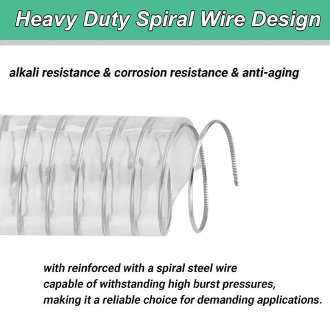 Close-up of Heavy Duty Reinforced PVC Suction Hose 1 Inch Inner Diameter, featuring spiral steel wire for strength and durability.