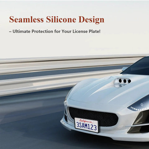Silicone License Plate Frame 2 Pack For Cars And SUVs, Universal Black Plate Holder shown on a white sports car with seamless design.