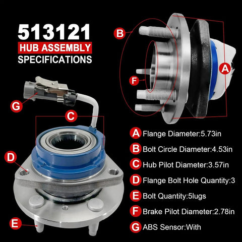 Pair 513121 Front Wheel Bearing Hub Assembly For GM Vehicles, 5 Lug, ABS with specifications shown on image.