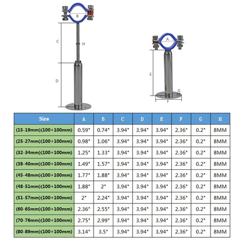 Adjustable Pipe Strap Clamp Set, 2 Pack, 304 Stainless Steel Wall And Ceiling Mounts For 25-27mm OD Pipes with measurement chart