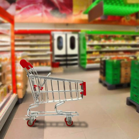 Heavy Duty Three Inch Fixed Caster Wheels Four Pack installed on a grocery cart in a supermarket aisle, smooth rolling