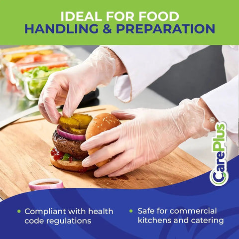Latex Free Vinyl Gloves Large 100 Count Heavy Duty Powder Free For Food Prep in kitchen, hands assembling burger