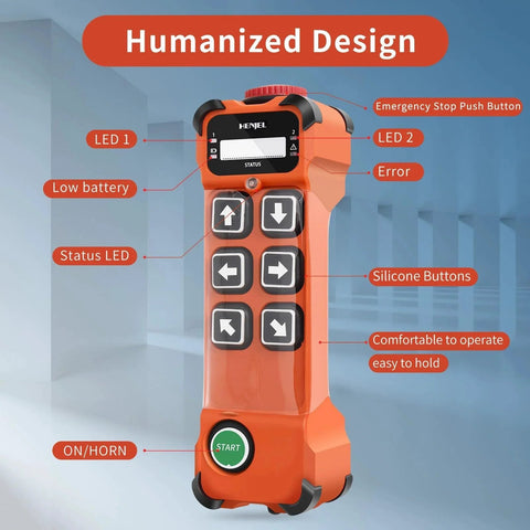 Front view of 6 Channel 12 To 65V Industrial Wireless Crane Remote Control with buttons, display, and emergency stop button.