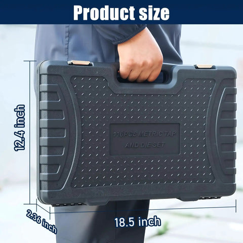 Person holding a 116 Piece Tap And Die Set With SAE And Metric Taps And Dies for Threading and Rethreading in black storage case