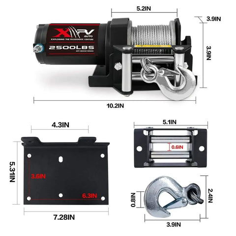 Dimensions and components of 2500Lb 12V Electric Winch With Waterproof Steel Cable, Wired Remote Control And Mounting Plate for ATV UTV.