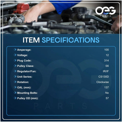 Image showing specifications of New 12V 100A CS130D Alternator For GMC Chevy Blazer Bravada Jimmy S10 4.3L V6 With CW Rotation IR Regulator Fan
