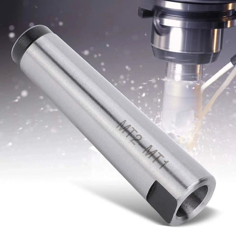 Side view of MT2 to MT1 Morse taper adapter in silver metal drill sleeve for lathe milling