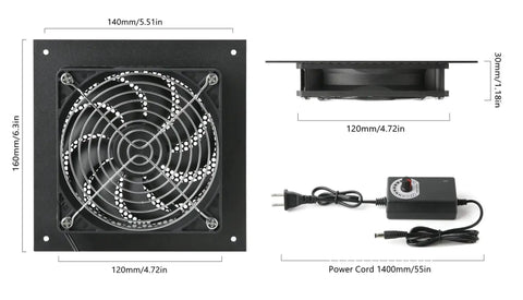 Ultra Quiet 120mm Cabinet Fan System With Power Adapter And 10 Speed Control, dimensions and components shown, front panel 6.3x6.3 inches