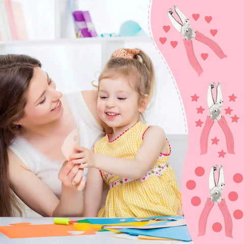 Mother and daughter using 3 Piece Metal Handheld Paper Punch Set With Circle Star Heart Shapes, shown with pink handles.