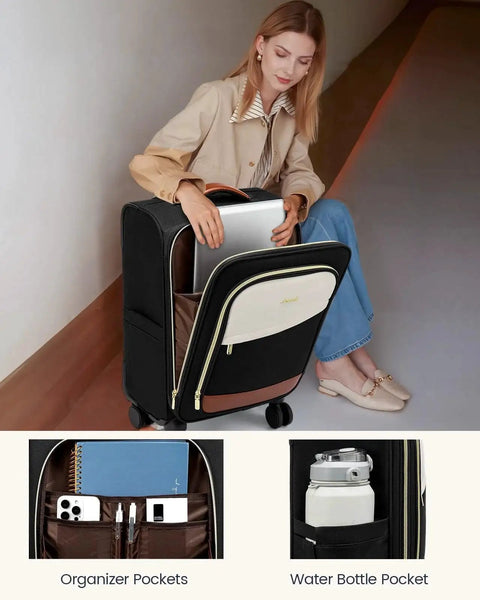 Airline Ready Luggage Set with Rolling Suitcases and 40L Laptop Backpack LoveVOOK, woman placing laptop, shown with organizer and water bottle pockets