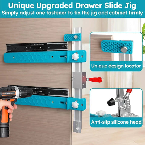 Pro Grade Drawer Slide Jig For Cabinets And Desks shown installed with toggle clamp, magnetic arm, and punch locator