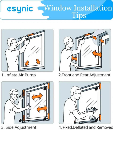 Illustration of using air wedge bags for window installation, showing inflation, adjustment, and removal in four steps.