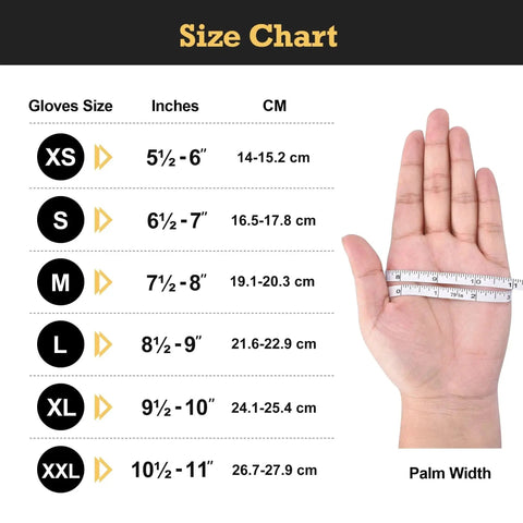 Size chart for Heavy Duty Black Nitrile Gloves 8 Mil XL With Diamond Texture And Powder Free, showing hand with tape measure.