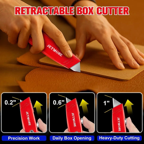 Heavy Duty Box Cutter Set Jetmore Retractable Utility Knife With 10 Extra Blades cutting cardboard with red aluminum body
