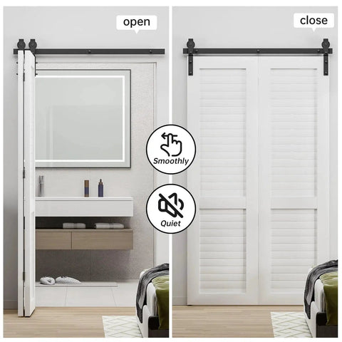 Open and closed view of a 30 Inch Bi Folding Sliding Barn Door Hardware Track Kit With Smooth Quiet Operation and black rollers installed