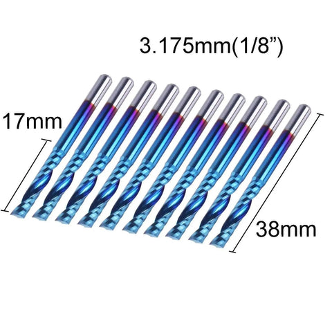 Nano Blue Coat Flat Nose End Mill Set With One Flute Spiral Upcut CNC Router Bits For Milling And Engraving 3.175mm Cutter Diameter One Eighth Inch Shank