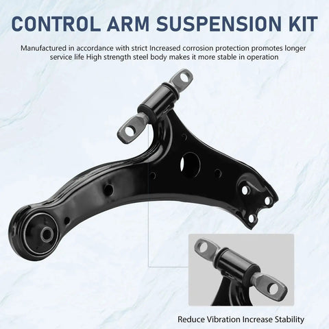 Front view of a black lower control arm with ball joint for Toyota Camry suspension kit