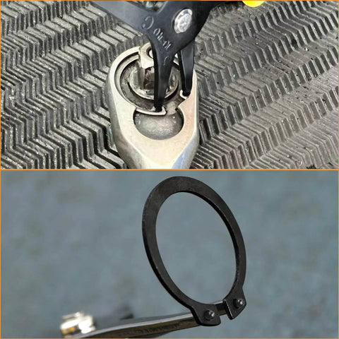 2 In 1 Snap Ring Pliers for Internal and External Circlips removing a retaining ring from a tool, close-up view.