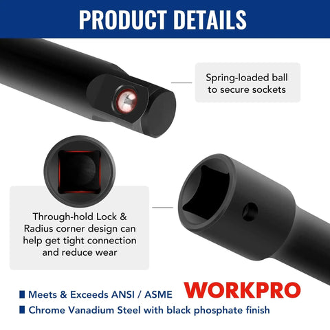 Detailed view of Pro-Grade 18-Piece Impact Socket Extension Set with spring-loaded ball and lock design for secure connection.