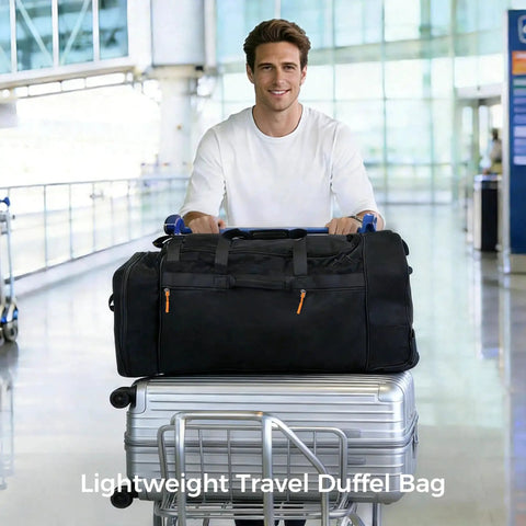 Man pushing luggage cart with Three Wheel Rolling Duffle Bag With Expandable 110 Liter To 120 Liter Capacity Waterproof Soft Carry On Luggage