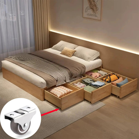 8 Pack 1 Inch Low Profile Rigid Non Swivel Caster Wheels With Metal Top Plate Rubber For Furniture And Cabinets Brown Each Wheel Supports Up To 18 Lbs 25mm Diameter 13mm Wide Top Plate 42x20.5mm With 4mm Mounting Holes, shown on storage drawers under bed