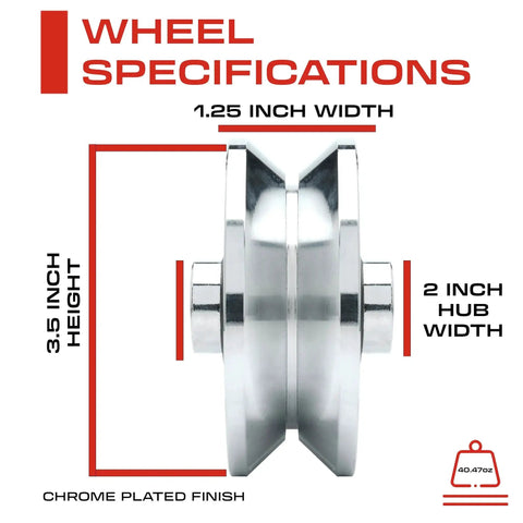 Side view of 3.5 Inch V Groove Wheel With Solid Steel Construction, Heavy Duty Inverted V Groove For Sliding Gates, chrome plated.