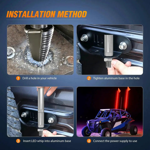 Installation steps for 3 Foot LED Whip Light With Aluminum Base Red Color Safety Warning Pole Antenna for vehicles.