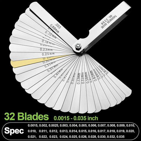 32 Blade Feeler Gauge Set For Precision Gap Measurement In Guitars, Spark Plugs, And Pistons, SAE And Metric Readouts