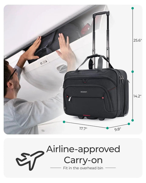 Rolling Laptop Bag With Wheels For 17.3 Inch Laptop, 40 Liter Capacity, fits in airplane overhead bin, telescoping handle
