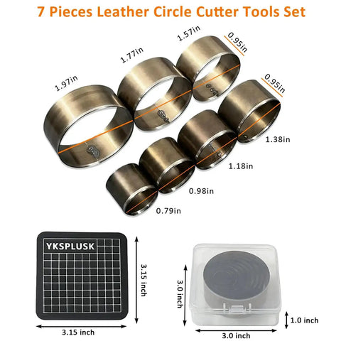 Leather Circle Cutter Set, 7 Piece Circle Punch Tool Kit 20mm To 50mm, showing dies and storage case dimensions