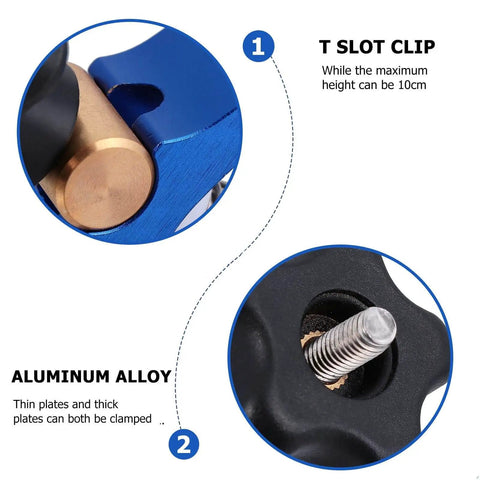 Close-up of Pro Grade Woodworking T Slot Clamp With Hold Down Function Blue T Track Clip showing aluminum alloy body and screw detail.