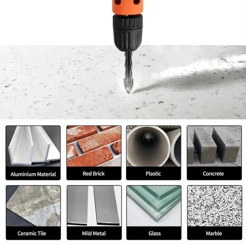 Pro Grade Workhorse Multi Material Drill Bit Set Meccion One Eighth Inch By Three Point Six Inch Cross Tip drill in use on concrete