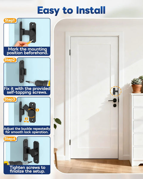 Installation steps for Built Tough Aluminum Pocket Door Lock With 90 Degree Flip Latch for barn doors, showing fastening process.
