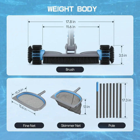 Dimensions of 4 in 1 Deluxe Pool Cleaning Kit with detachable brush, skimmer net, fine mesh net, and extendable aluminum pole for pools.