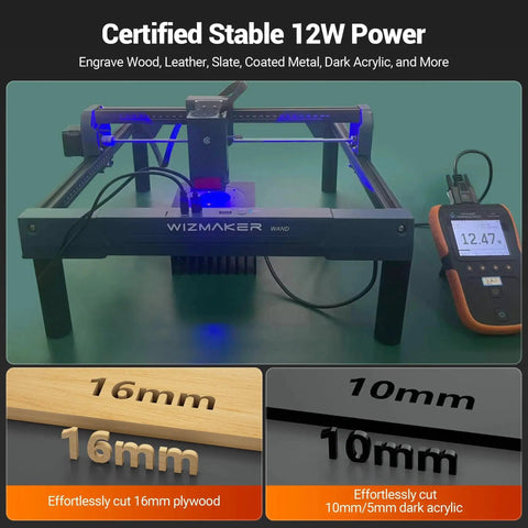 12W Desktop Laser Engraver For Wood, Leather, Acrylic And More, 300x300mm Work Area, shown with power meter and wood samples