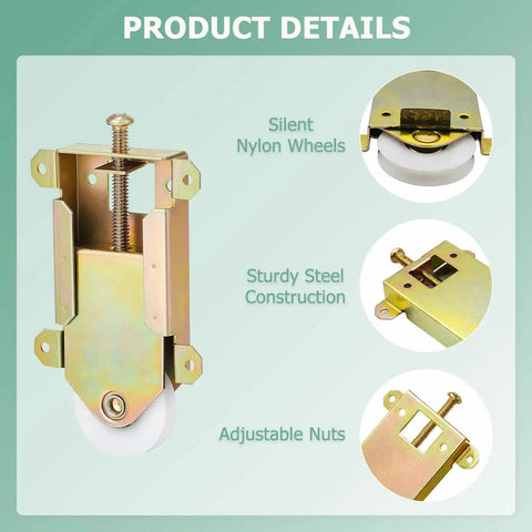 Two Pack Sliding Mirror Closet Door Rollers Replacement, 2-1/2 Inch Wheel, showing durable steel construction and adjustable nuts