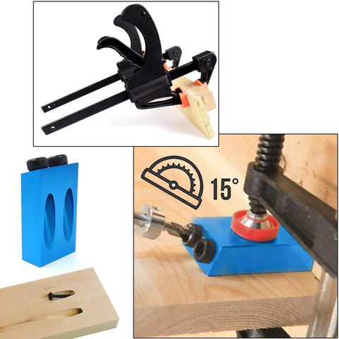 15 Degree Pocket Hole Jig Kit For DIY Woodworking Projects with jig, drill bit adapters, wood drills, spacers, wrench, F clamp