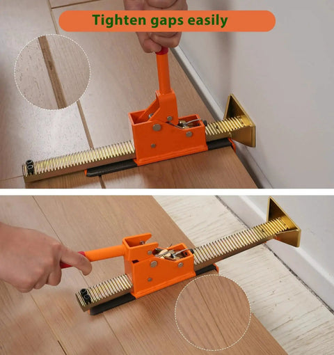 Ratcheting Flooring Jack Hardwood Laminate Plank Tongue And Groove Straightener used to align floor planks against wall.