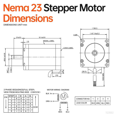 Beefy Nema 23 Stepper Motor 3 Pack For CNC Mills Lathe And 3D Printers dimensions diagram with 2 phase 1.8 degree step