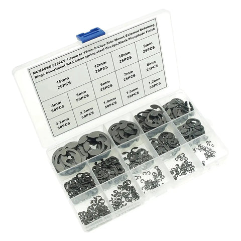 525 Piece E Clips And Retaining Rings Kit, 14 Metric Sizes Side Mount External Retaining Rings 1.2mm To 15mm Diameter, Carbon Steel