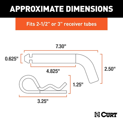 Diagram of Beefy Heavy Duty Trailer Hitch Pin And Clip With Grooved Head, Five Eighths Inch, for 2.5 or 3 Inch Receivers, dimensions included.