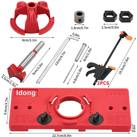 35mm Hinge Hole Jig Drill Guide Set with 35mm bit, depth stop, clamps, and accessories for face frame cabinets